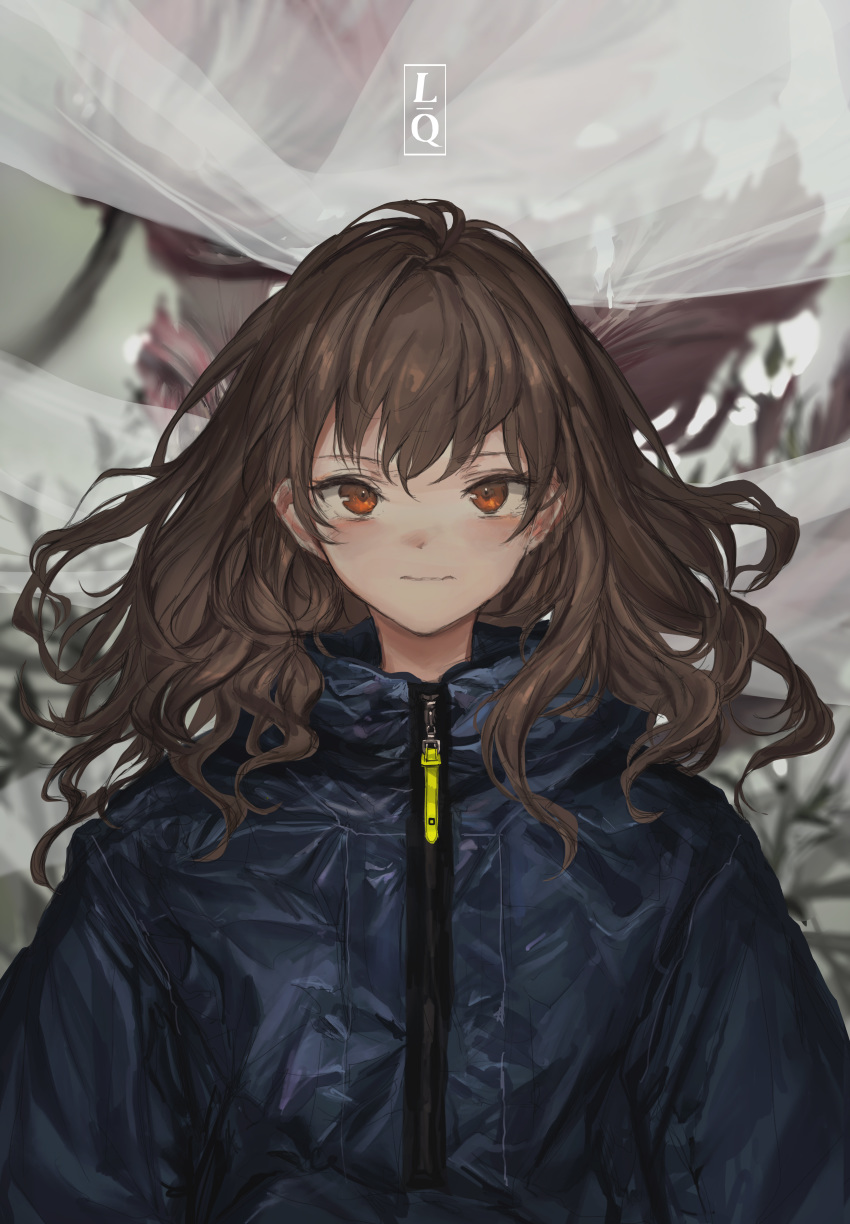 1girl absurdres bangs blue_jacket blurry blurry_background brown_eyes brown_hair closed_mouth curtains expressionless floating_hair flower highres jacket lavender_quartz lm7_(op-center) logo long_hair looking_at_viewer messy_hair puffy_sleeves sanpaku sidelocks solo standing torabishi_lana upper_body wavy_hair zipper zipper_pull_tab