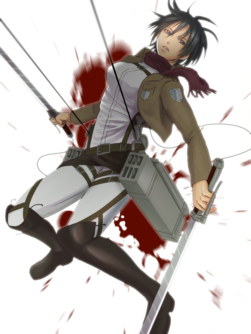 belt black_hair blue_eyes boots dual_wielding emblem highres holding mikasa_ackerman paradis_military_uniform scarf shingeki_no_kyojin shito_rin solo sword thigh_strap weapon