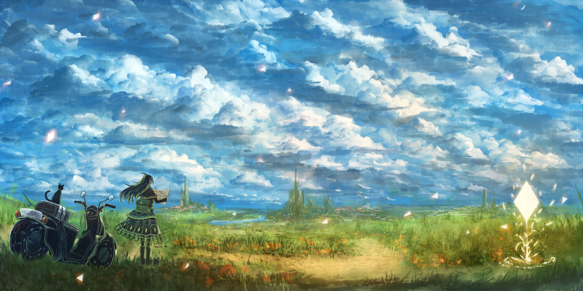 black_hair capelet cat cloud day from_behind grass ground_vehicle long_hair map motor_vehicle motorcycle mountain original sakimori_(hououbds) scenery skirt sky