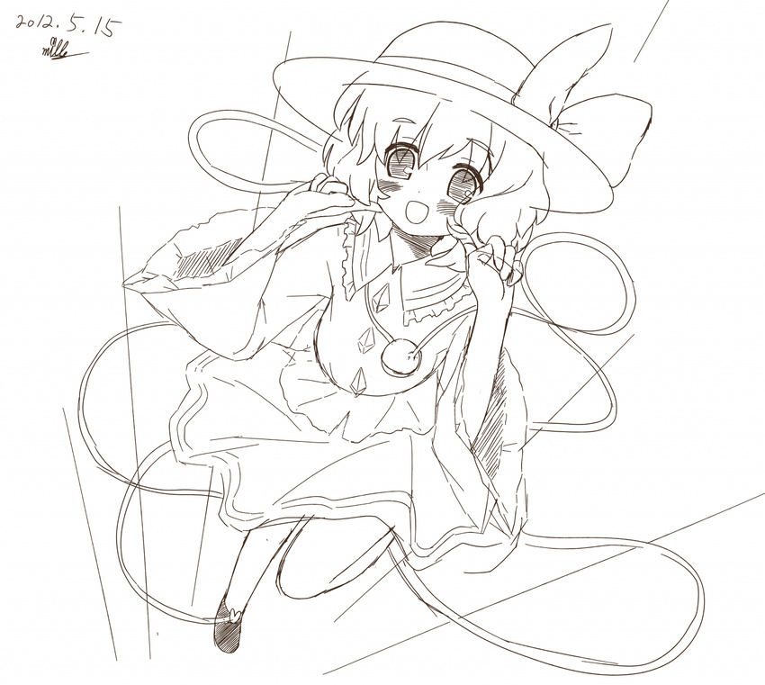 blush dated hat komeiji_koishi looking_at_viewer mille monochrome open_mouth short_hair signature simple_background sketch smile solo third_eye touhou white_background