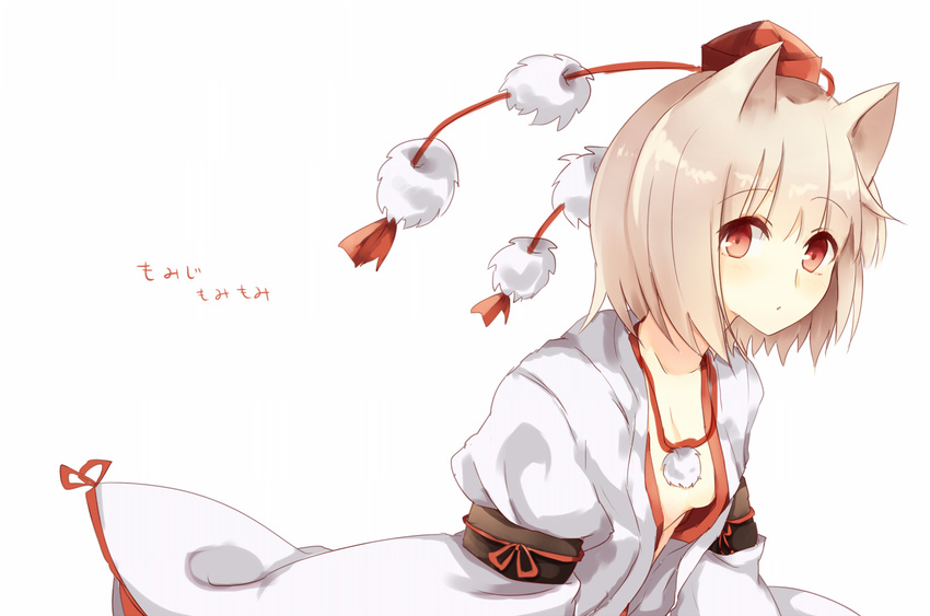animal_ears bad_id bad_pixiv_id breasts collarbone hat hat_ribbon inubashiri_momiji kinona long_sleeves looking_at_viewer medium_breasts no_bra open_clothes open_shirt red_eyes ribbon shirt short_hair silver_hair simple_background solo tokin_hat touhou white_background wide_sleeves wolf_ears