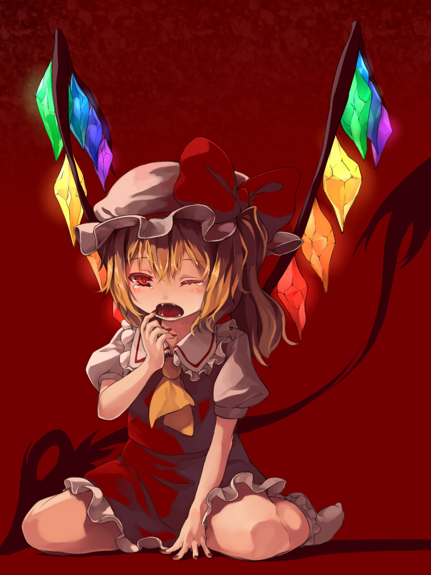 ascot blonde_hair bow fangs finger_to_mouth flandre_scarlet foge glowing glowing_wings hat hat_bow highres laevatein nail_polish one_eye_closed open_mouth puffy_sleeves red_eyes red_nails shirt short_sleeves side_ponytail sitting skirt skirt_set solo tears touhou vest wariza wings