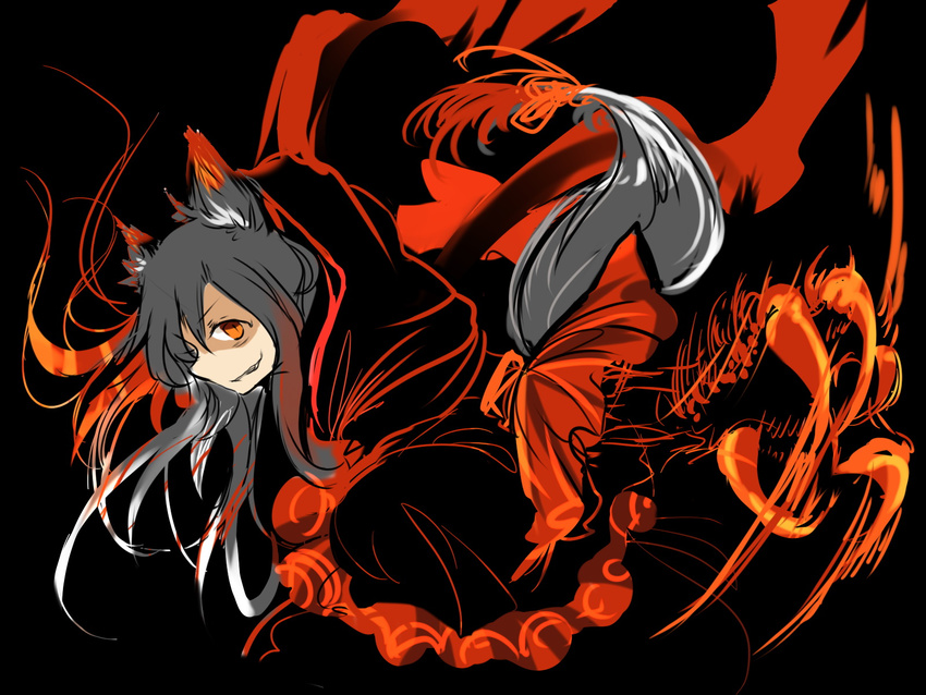 alternate_color animal_ears black_background black_hair claws dress fang grin highres imaizumi_kagerou long_hair shigureru slit_pupils smile solo tail touhou wolf_ears wolf_tail yellow_eyes