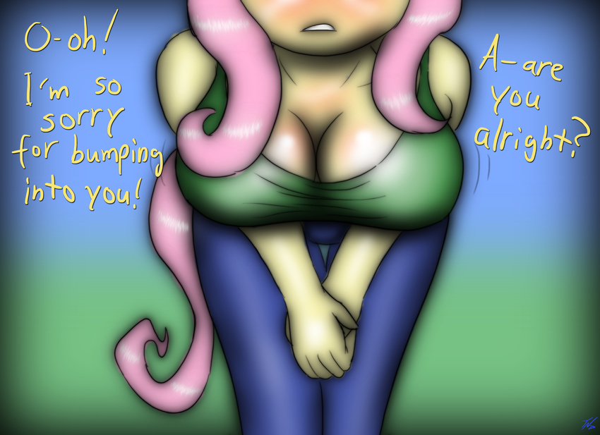 absurd_res anthro anthrofied big_breasts blush breasts cleavage clothed clothing equine female fluttershy_(mlp) friendship_is_magic hair hi_res horse mammal my_little_pony pink_hair pony text tunderi