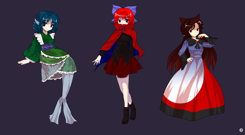 alphes_(style) animal_ears blue_eyes blue_hair bow brown_hair cape double_dealing_character dress fingernails grass_root_youkai_network hair_bow head_fins highres imaizumi_kagerou kaoru_(gensou_yuugen-an) long_fingernails long_hair mermaid monster_girl multicolored multicolored_clothes multicolored_dress multiple_girls obi parody purple_background red_eyes red_hair sash sekibanki short_hair skirt smile style_parody touhou wakasagihime wolf_ears
