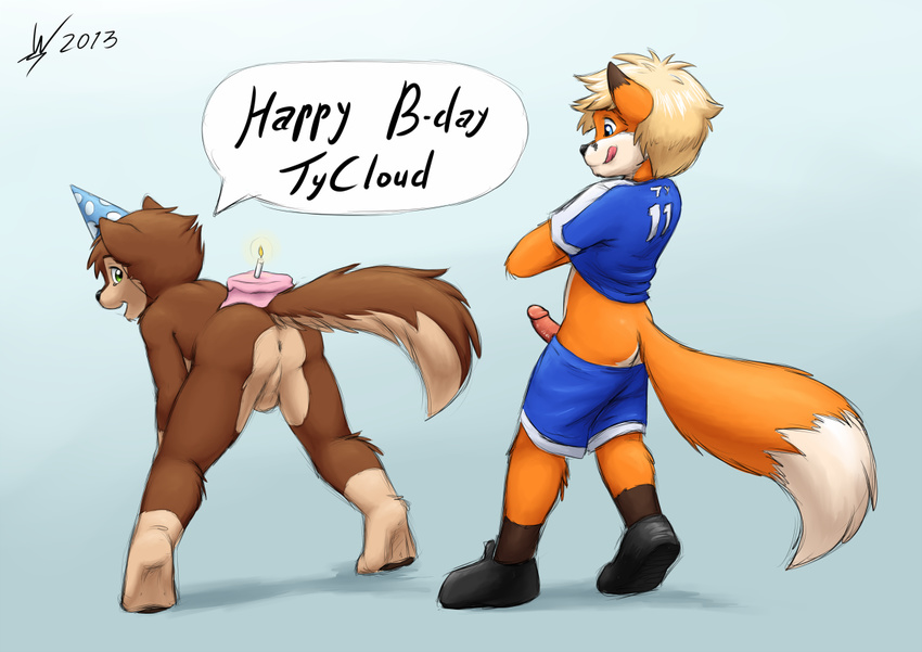 balls bent_over birthday blonde_hair brown_fur butt cake canine clothed clothing cub dog duo erection food fox fur gay hair hat imminent_sex male mammal markings nathan nude orange_fur pants pants_down penis presenting presenting_hindquarters shorts socks_(marking) standing tycloud wagnermutt young