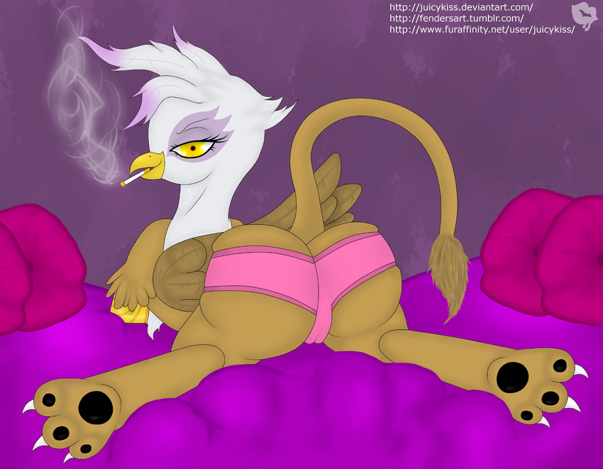 avian beak camel_toe cigarette english_text female feral friendship_is_magic gilda_(mlp) gryphon juicykiss looking_at_viewer lying my_little_pony on_front panties smoke smoking solo text underwear wings yellow_eyes