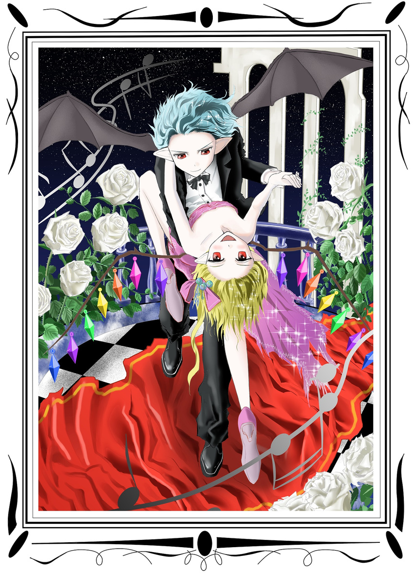 alternate_costume arch balcony bat_wings blonde_hair blue_hair border carpet checkered checkered_floor crossdressing dancing dress fang flandre_scarlet flower hair_ornament hair_ribbon hand_on_another's_shoulder hands_together high_heels highres leaf leg_up looking_at_another looking_at_viewer multiple_girls musical_note pale_skin pointy_ears railing red_eyes remilia_scarlet ribbon rose shoes short_hair siblings side_ponytail sisters sky smile sparkle star_(sky) starry_sky strapless strapless_dress suke_(tina18) tango touhou tuxedo white_flower white_rose wings