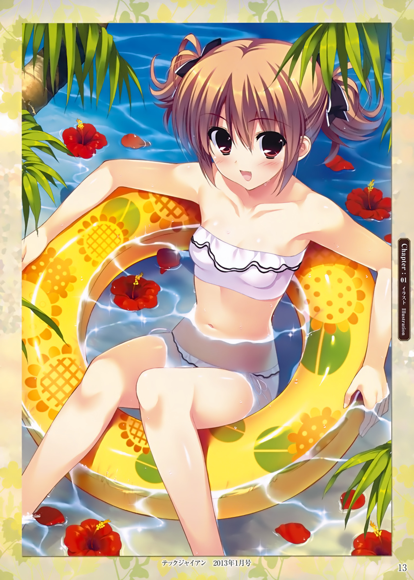 :d absurdres bikini blush brown_eyes brown_hair flat_chest flower fumio_(ura_fmo) grisaia_(series) grisaia_no_kajitsu hibiscus highres innertube irisu_makina legs long_legs navel open_mouth scan short_hair short_twintails smile solo swimsuit twintails water