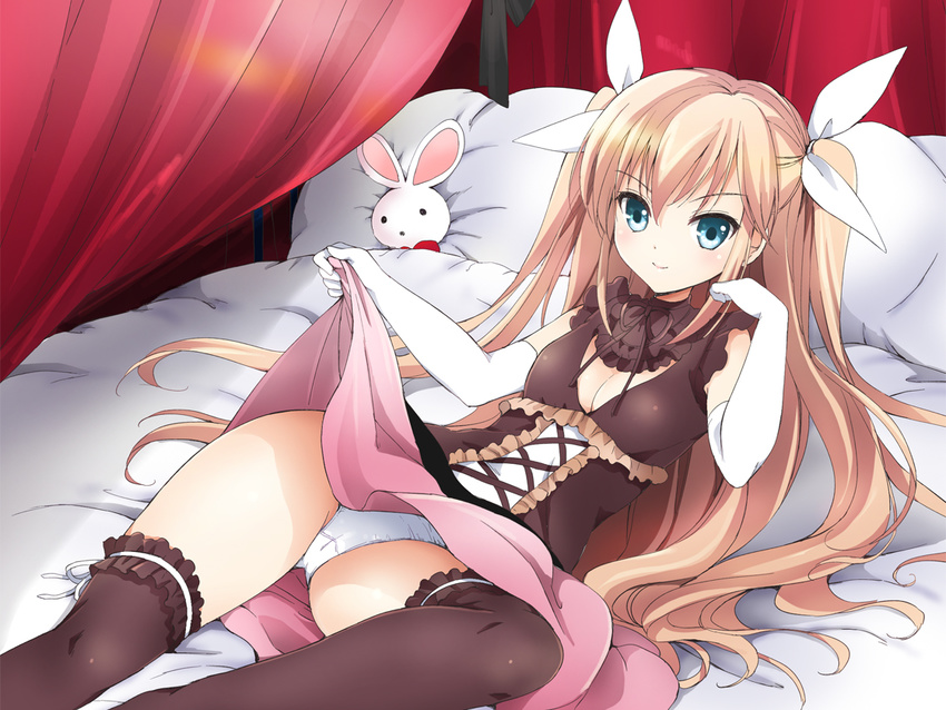 bed black_legwear blonde_hair blue_eyes breasts cleavage elbow_gloves gloves hair_ribbon indoors kurimomo lace lace-trimmed_thighhighs long_hair looking_at_viewer original panties pillow pink_skirt ribbon skirt skirt_lift small_breasts smile solo tachi-e thighhighs two_side_up underwear white_gloves white_panties white_ribbon