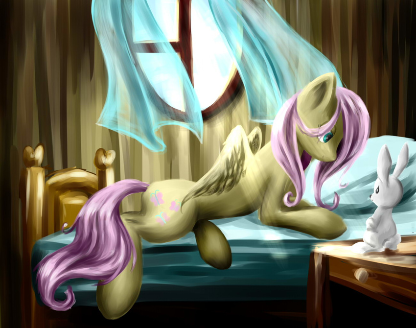 angel_(mlp) bed cutie_mark duo equine female feral fluttershy_(mlp) friendship_is_magic fur green_eyes hair horse inside lagomorph lying mammal my_little_pony on_front pegasus pillow pink_hair pony rabbit shizyaa table wings yellow_fur