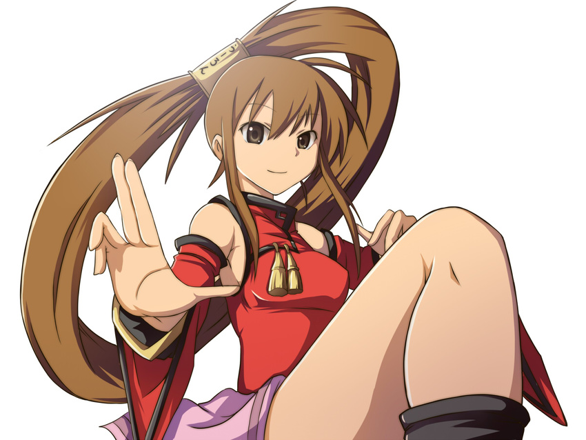 abab0813 bare_shoulders beer_can breasts brown_eyes brown_hair can china_dress chinese_clothes detached_sleeves dress fighting_stance guilty_gear hair_ornament kuradoberi_jam long_hair medium_breasts skirt smile solo standing standing_on_one_leg very_long_hair