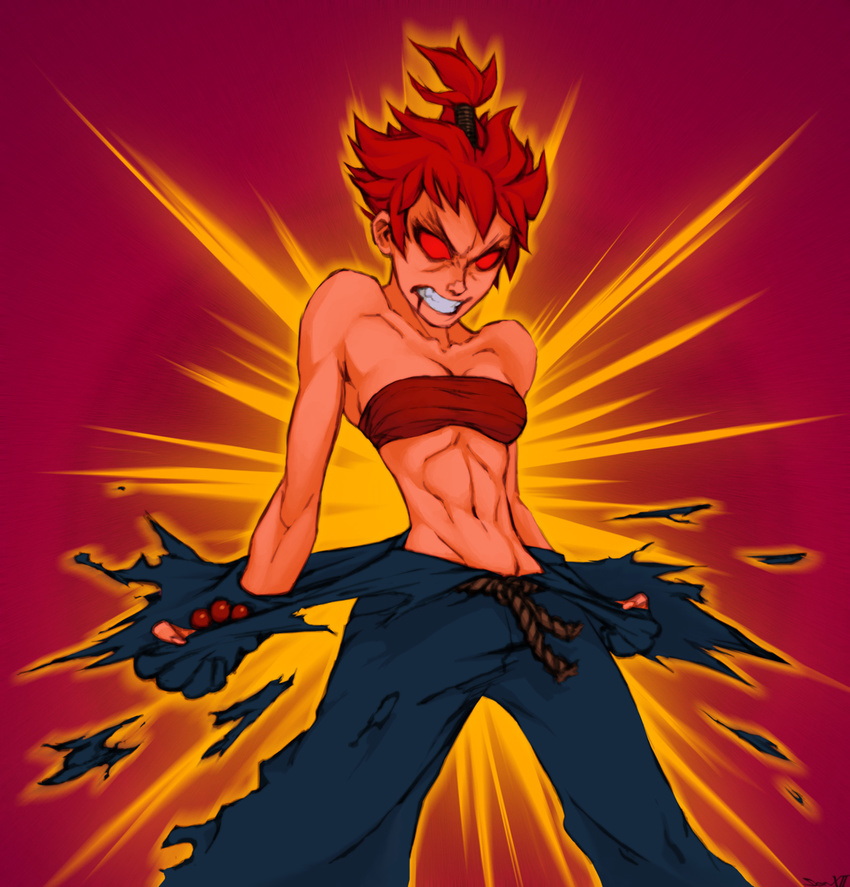 abs bad_deviantart_id bad_id bare_shoulders blood blood_from_mouth bracelet breasts cleavage clenched_teeth commentary cosplay dark_persona dougi freideugoi gouki gouki_(cosplay) jewelry kasugano_sakura navel no_pupils red_eyes red_hair rope sarashi short_hair small_breasts solo street_fighter street_fighter_zero_(series) tan tearing_clothes teeth toned topknot torn_clothes