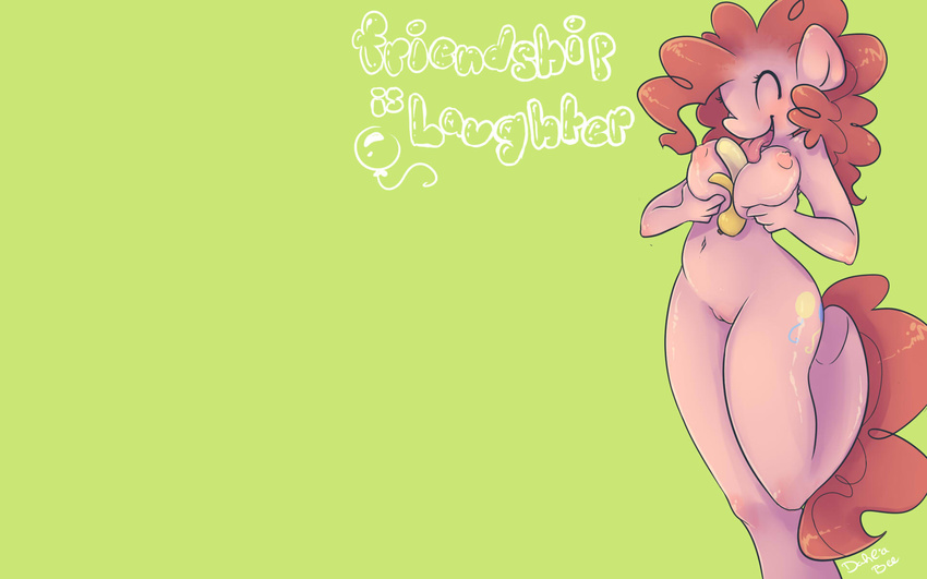 2013 anthro anthrofied banana breasts cutie_mark dahliabee english_text equine eyes_closed female friendship_is_magic fruit fur green_background hair horse licking mammal my_little_pony nipples nude pink_fur pink_hair pinkie_pie_(mlp) plain_background pony pussy smile solo suggestive suggestive_food text tongue wallpaper
