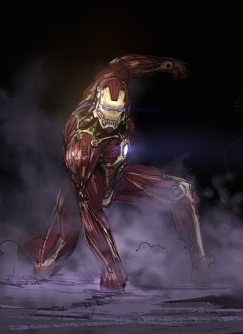 armor bodysuit clenched_hand full_armor full_body fusion glowing highres iron_man light looking_at_viewer male_focus marvel mask monster one_knee organic power_armor prog_wang rogue_titan seiyuu_connection shingeki_no_kyojin solo superhero teeth