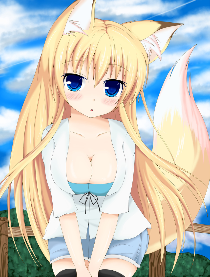 absurdres animal_ears blonde_hair blue_eyes blush breasts cleavage highres kasumi_toshizou large_breasts long_hair looking_at_viewer original solo thighhighs v_arms very_long_hair yamachan