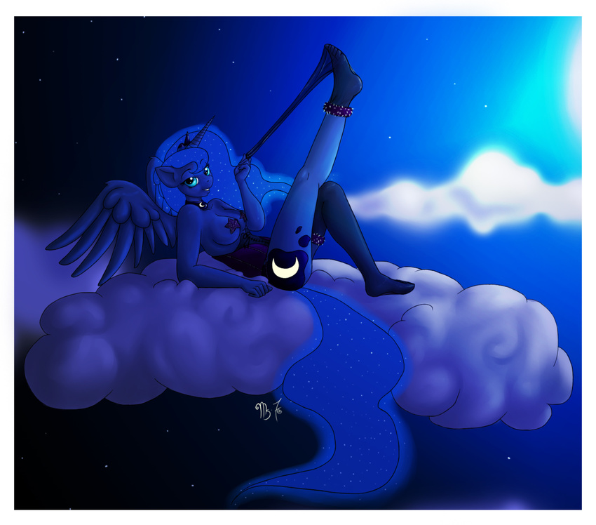 anthrofied blue_eyes blue_fur blue_hair breasts censored clothing cloud corset crown cutie_mark detailed_background equine female friendship_is_magic fur hair horn horse looking_at_viewer mammal ms-seven0 my_little_pony necklace pony princess_luna_(mlp) raised_leg reclining sky smile socks solo stars winged_unicorn wings