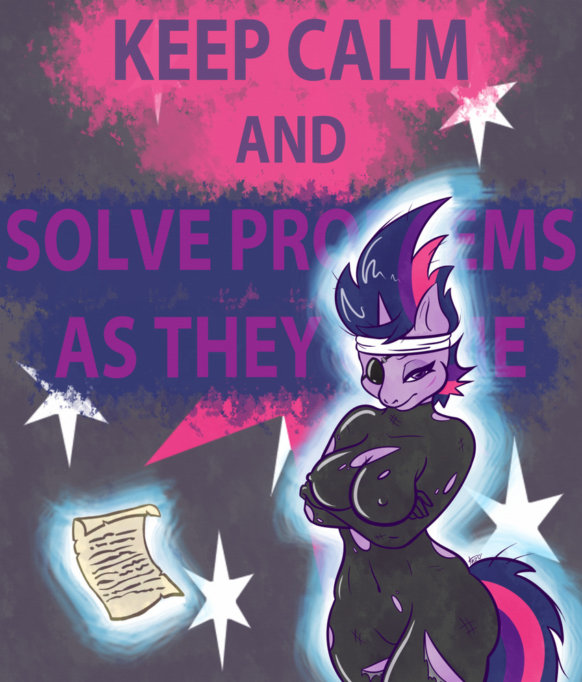 anthro anthrofied anz bodysuit clothing english_text equine eye_patch eyewear female friendship_is_magic hair headband horn horse looking_at_viewer mammal multi-colored_hair my_little_pony pony purple_eyes purple_hair skinsuit solo text torn_clothing twilight_sparkle_(mlp) unicorn