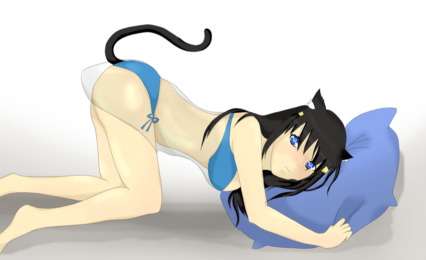 animal_tail ass_up black_hair blue_eyes breasts car cat cat_ears cat_tail clothed clothing feline female hair long_hair looking_at_viewer mammal pillow plain_background skimpy unknown_artist white_background