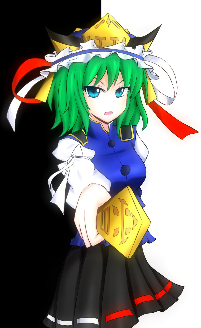 blue_eyes breasts green_hair hat highres krace looking_at_viewer medium_breasts open_mouth rod_of_remorse shiki_eiki short_hair solo touhou