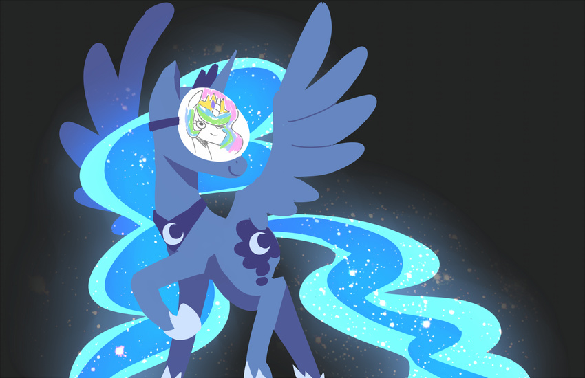 crown cutie_mark equine female feral friendship_is_magic glowing horn horse karzahnii mammal mask my_little_pony necklace plain_background pony princess princess_celestia_(mlp) princess_luna_(mlp) royalty solo sparkles standing winged_unicorn wings