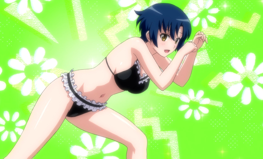 1girl agent_aika aika_zero bikini blue_hair breasts brown_eyes frills minamino_karen screencap short_hair solo swimsuit