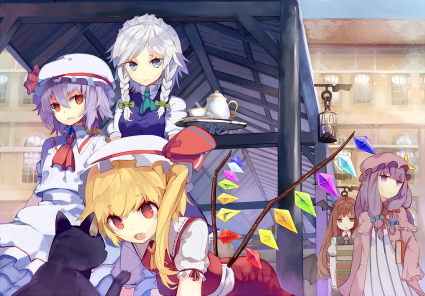 :&lt; :d :o bat_wings black_cat blonde_hair blue_eyes book book_stack braid building capelet cat crescent crescent_hair_ornament cup dress eye_contact fang flandre_scarlet hair_ornament hair_ribbon hat head_wings holding holding_book izayoi_sakuya koakuma lantern lavender_hair long_hair long_sleeves looking_at_another looking_at_viewer looking_away low_wings mob_cap multi-tied_hair multiple_girls necktie nekomegane one_side_up open_mouth outdoors patchouli_knowledge puffy_long_sleeves puffy_short_sleeves puffy_sleeves purple_dress purple_eyes purple_hair red_eyes red_hair red_neckwear remilia_scarlet ribbon scarlet_devil_mansion short_hair short_sleeves side_braid sidelocks silver_hair skirt skirt_set smile striped striped_dress teacup teapot touhou tray tress_ribbon twin_braids vertical_stripes vest window wings
