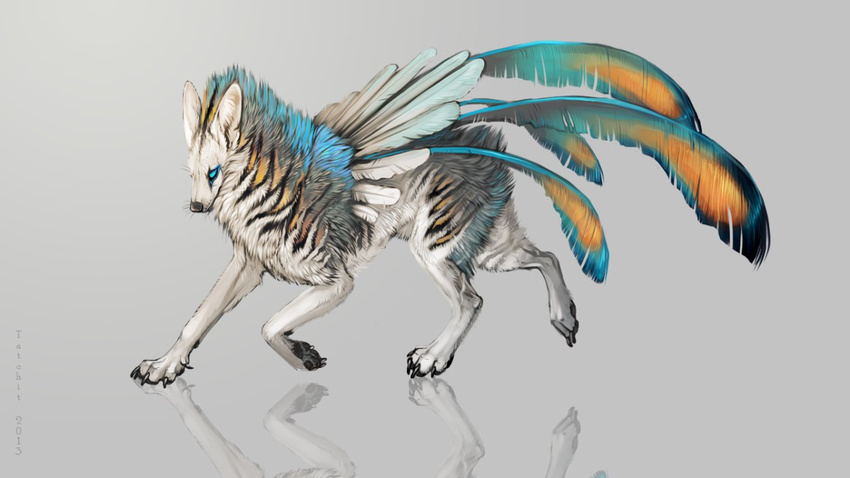 ambiguous_gender blue_feathers canine feathers feral fur grey_fur hybrid mammal orange_feathers solo tatchit wolf