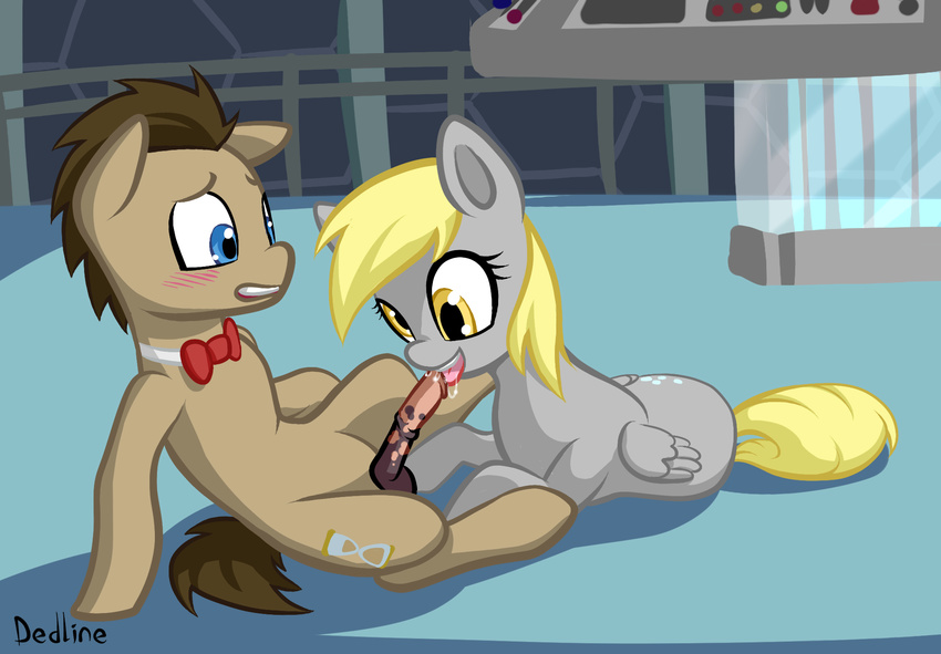 amber_eyes animal_genitalia blonde_hair blue_eyes bow_tie brown_fur brown_hair cum cutie_mark dedline derpy_hooves derpy_hooves_(mlp) doctor_whooves doctor_whooves_(mlp) duo equine fellatio female feral friendship_is_magic fur grey_fur hair horse horsecock inside lying male mammal my_little_pony on_front oral oral_sex pegasus penis pony sex sitting straight wings