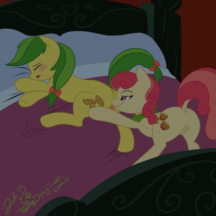 amber_eyes anus apple_bumpkin apple_bumpkin_(mlp) apple_fritter apple_fritter_(mlp) ass_up bed blush bow cousins cunnilingus cutie_mark drooling duo equine eyes_closed female feral friendship_is_magic fur green_hair hair hair_bow horse incest lesbian licking lying mammal my_little_pony on_side open_mouth oral oral_sex pillow pony pussy raised_tail red_hair saliva scarf sex signature sleeping smile somnophilia tan_fur tongue tongue_out toodledipsy two_tone_hair vaginal yellow_fur