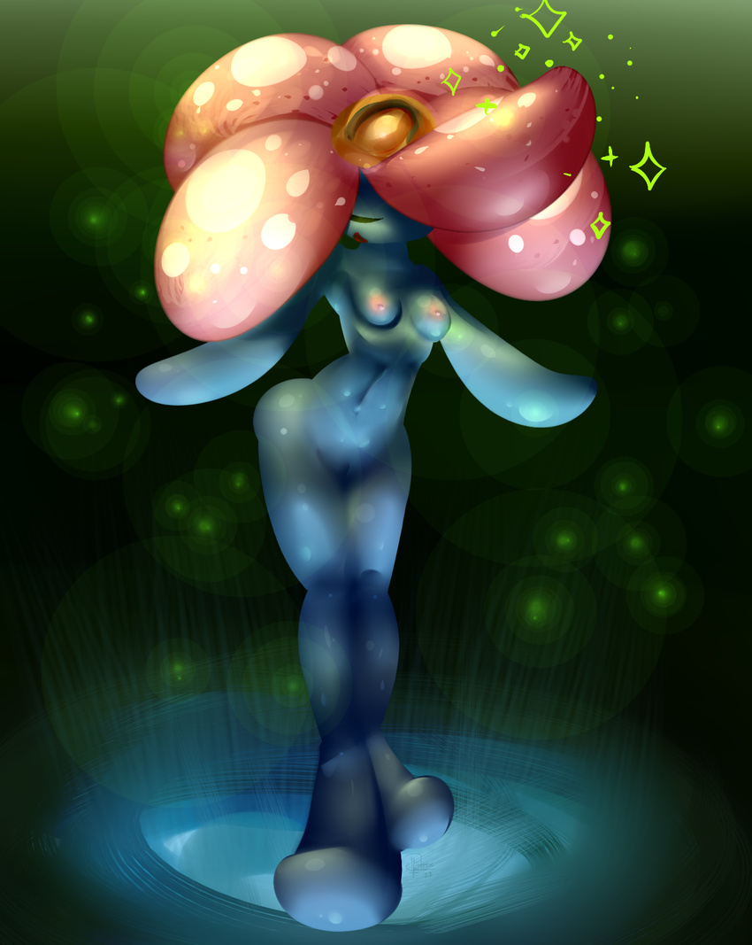 2013 anthro anthrofied breasts elpatrixf eyes_closed female flora_fauna glowing hair hair_over_eye hi_res leaves nintendo nipples open_mouth plant pok&#233;mon pok&#233;morph porkyman pussy red_hair simple_background solo sparkles standing tongue video_games vileplume