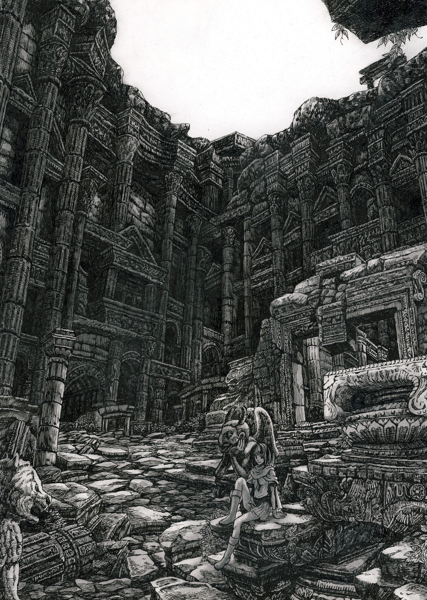 absurdres bad_id bad_pixiv_id copyright_request gargoyle greyscale highres mita_mitauzo monochrome pillar sitting