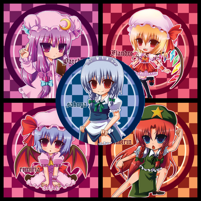 bad_id bad_pixiv_id banned_artist bow character_name flandre_scarlet highres hong_meiling izayoi_sakuya multiple_girls patchouli_knowledge pink_bow remilia_scarlet thighhighs touhou yuuka_nonoko