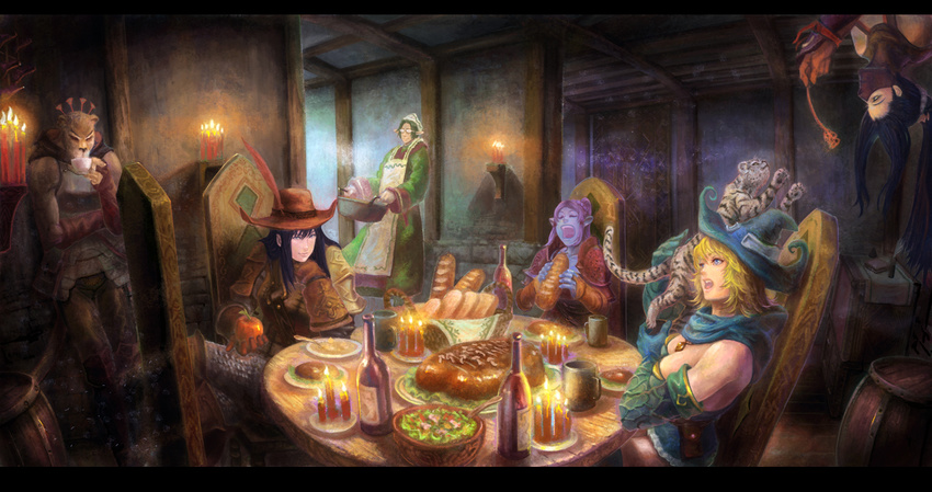 5girls eating fantasy feast feathers food jill_(yansun) letterboxed maid multiple_girls table the_elder_scrolls the_elder_scrolls_iv:_oblivion upside-down yansun