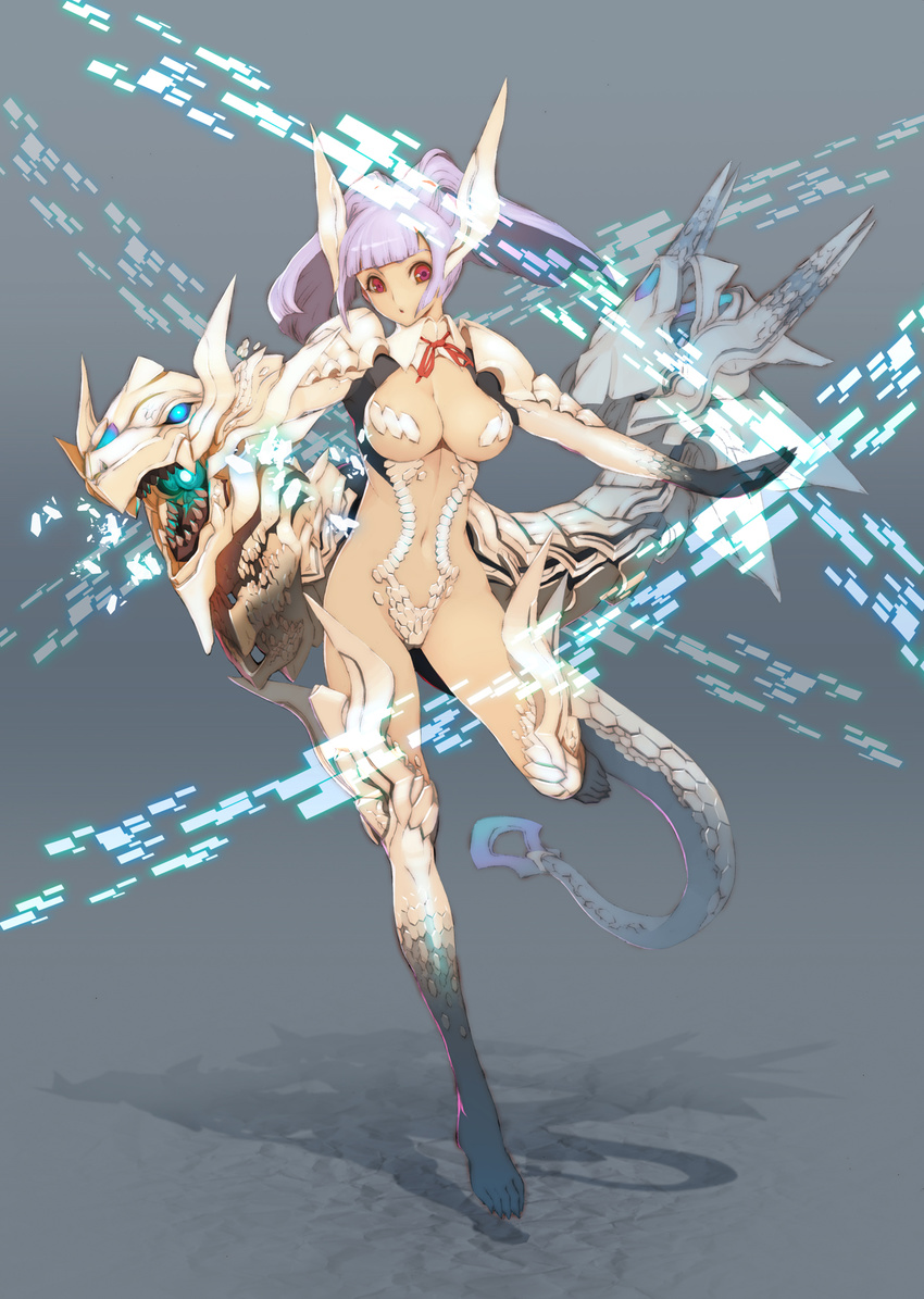 barefoot breasts cameltoe dragon dragon_girl glowing highres horns large_breasts legs long_hair monster_girl original purple_hair red_eyes scales shadow solo standing tail tsunekun