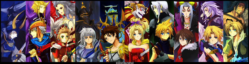 6+boys armor black_armor buster_sword butz_klauser cecil_harvey cefca_palazzo cloud_of_darkness cloud_strife column_lineup dissidia_final_fantasy emperor_(ff2) everyone exdeath final_fantasy final_fantasy_i final_fantasy_ii final_fantasy_iii final_fantasy_iv final_fantasy_ix final_fantasy_v final_fantasy_vi final_fantasy_vii final_fantasy_viii final_fantasy_x frioniel garland_(ff1) golbeza highres jecht kuja long_image meru multiple_boys multiple_girls onion_knight sephiroth shirtless squall_leonhart sword tidus tina_branford ultimecia warrior_of_light weapon wide_image zidane_tribal