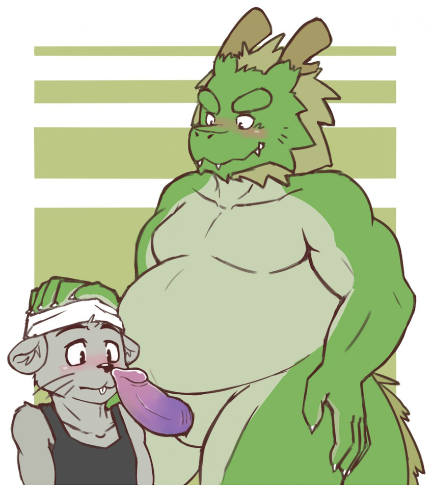 anthro biceps blush chinese_dragon chubby chuukichi chuukichi_mori dragon erection fur gay green_dragon hair male mammal morenatsu mouse muscles penis plain_background rat rodent size_difference slit tappei tappei_midoriya zangusuu