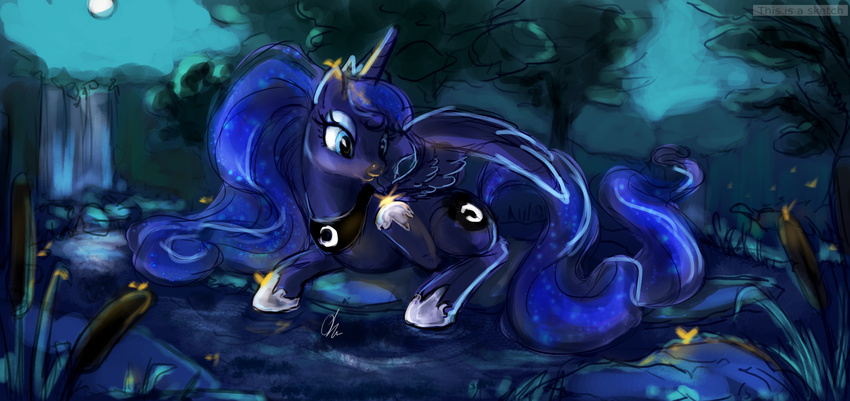 equine female feral forest friendship_is_magic horn horse mammal my_little_pony night pony princess_luna_(mlp) r0b0tassassin smile solo tree water waterfall winged_unicorn wings