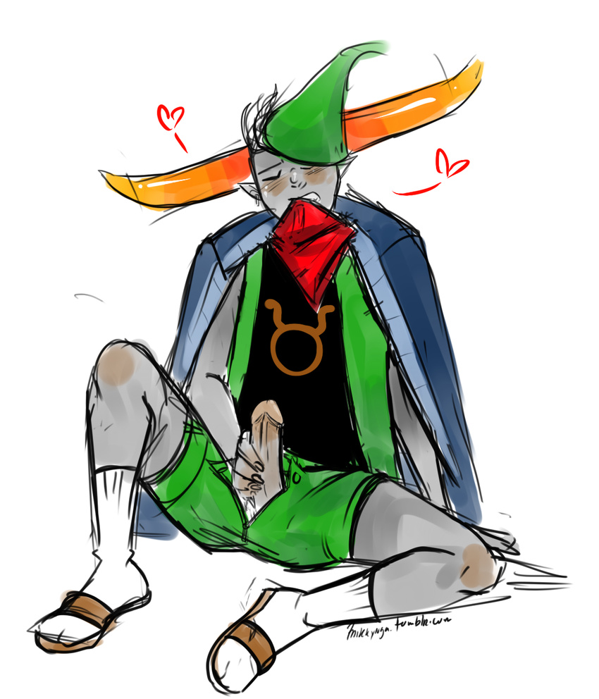 &lt;3 bandanna blush eyes_closed hat homestuck horn male masturbation mikkynga ms_paint_adventures penis sandals socks taurus tavros_nitram