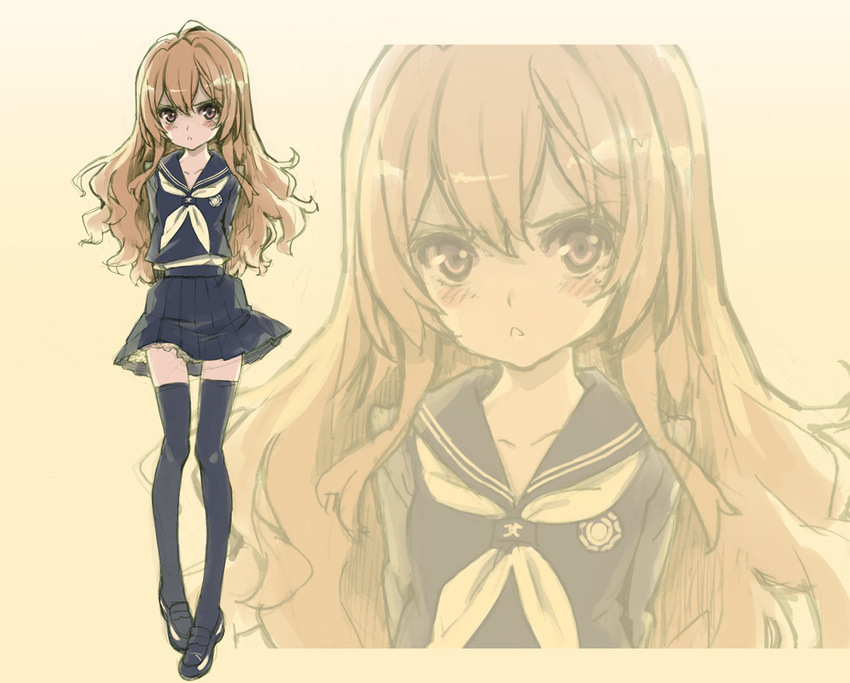 aisaka_taiga black_serafuku blush brown_eyes brown_hair long_hair murasawa_hiroshi school_uniform serafuku skirt solo thighhighs toradora! zettai_ryouiki zoom_layer