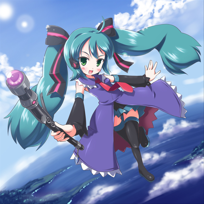 aqua_hair bad_id bad_pixiv_id day hatsune_miku highres long_hair magical_girl morujii sky solo thighhighs twintails vocaloid wand zettai_ryouiki