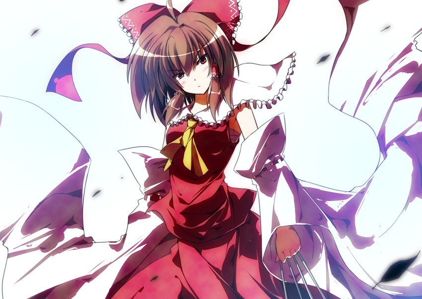 bad_id bad_pixiv_id bloom bow brown_hair detached_sleeves frown hair_bow hakurei_reimu head_tilt ofuda red_eyes sakurame solo touhou wide_sleeves