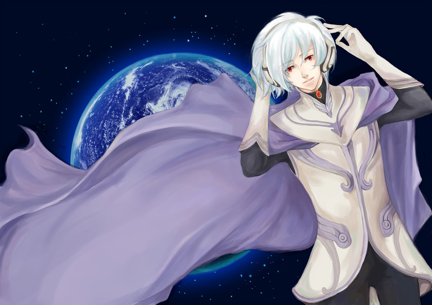 albino cape earth gloves headphones male_focus red_eyes reyst silver_hair smile soldier_blue solo space toward_the_terra wallpaper