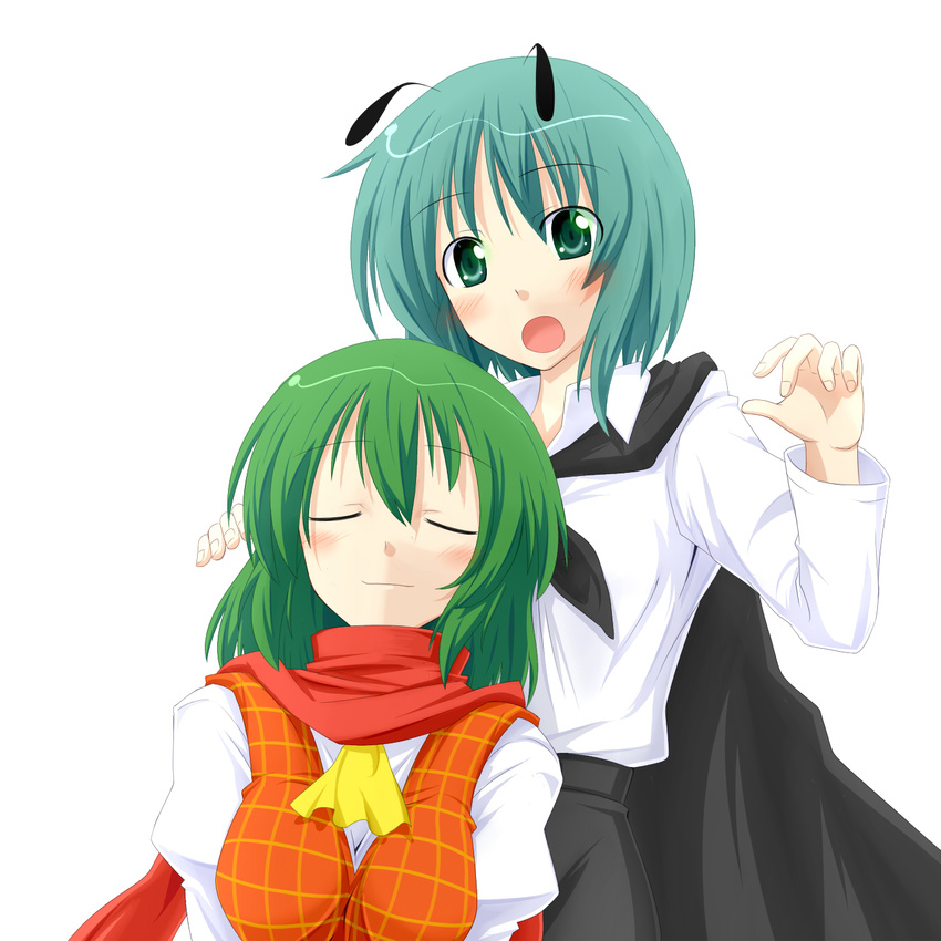 antennae ascot batsu blush blush_stickers breasts cape closed_eyes green_eyes green_hair highres kazami_yuuka medium_breasts multiple_girls open_mouth plaid plaid_vest scarf simple_background sleeping smile touhou v_arms vest white_background wriggle_nightbug