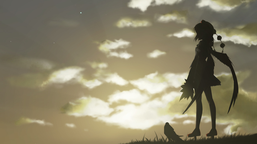 backlighting bird breasts cloud crow geta hat light_rays night night_sky rokuwata_tomoe scenery shadow shameimaru_aya silhouette sky small_breasts solo sunbeam sunlight tengu-geta tokin_hat touhou twilight wings