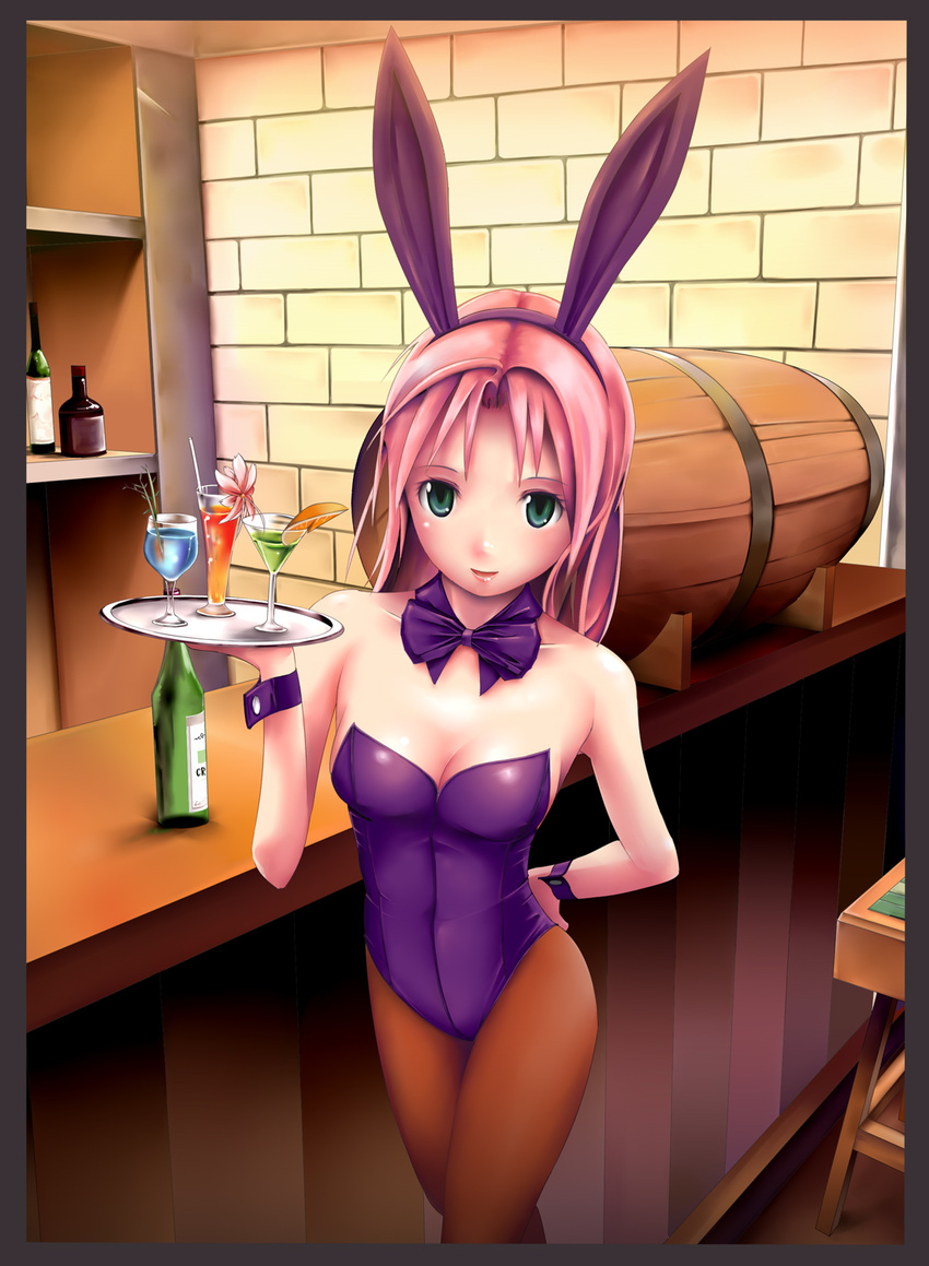 animal_ears bad_id bad_pixiv_id bunny_ears bunnysuit drink goblet green_eyes highres master_of_epic mogmog pantyhose pink_hair short_hair solo tray