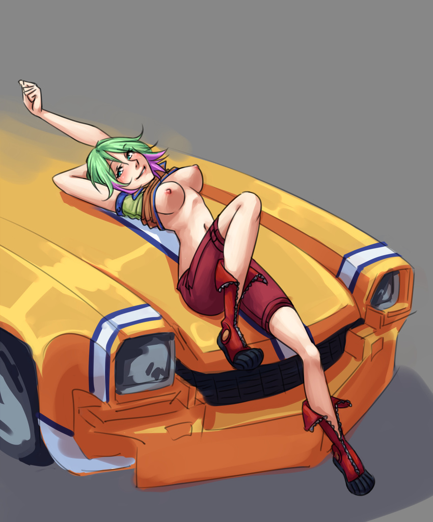 boots breasts car green_eyes green_hair ground_vehicle highres large_breasts lips lying monorus motor_vehicle multicolored_hair navel nipples on_back on_vehicle pink_hair reclining redline shirt_lift shorts smile solo sonoshee_mclaren two-tone_hair