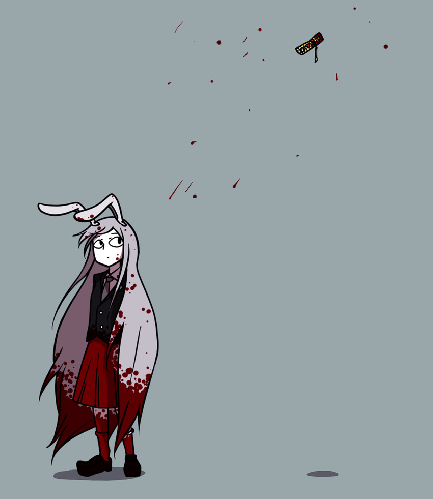 animal_ears blood bunny_ears cellphone commentary_request grey_background highres inarou_(rakugakiproject) long_hair necktie phone purple_hair reisen_udongein_inaba shoes simple_background skirt solo touhou