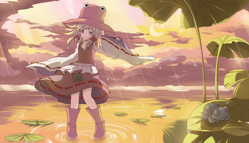 blonde_hair blue_eyes boots cloud cloudy_sky frog hair_ribbon hat highres leaf long_sleeves moriya_suwako pond rain ribbon risutaru rubber_boots shirt skirt skirt_set sky smile solo touhou vest water wide_sleeves