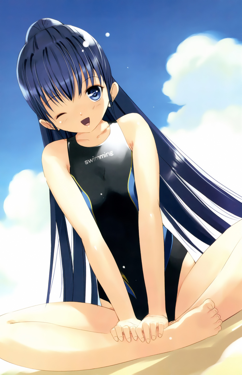 ;d absurdres barefoot blue_eyes blue_hair cloud competition_swimsuit day hand_on_ankle highres indian_style itsuki_aoba long_hair one-piece_swimsuit one_eye_closed open_mouth ponytail sitting sky smile solo soshite_ashita_no_sekai_yori swimsuit ueda_ryou very_long_hair wet